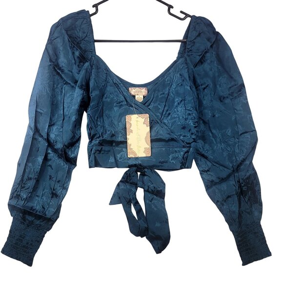 Band Of The Free Deep Teal Floral Jacquard Crossover Long Sleeve Crop Top Small - Picture 2 of 11